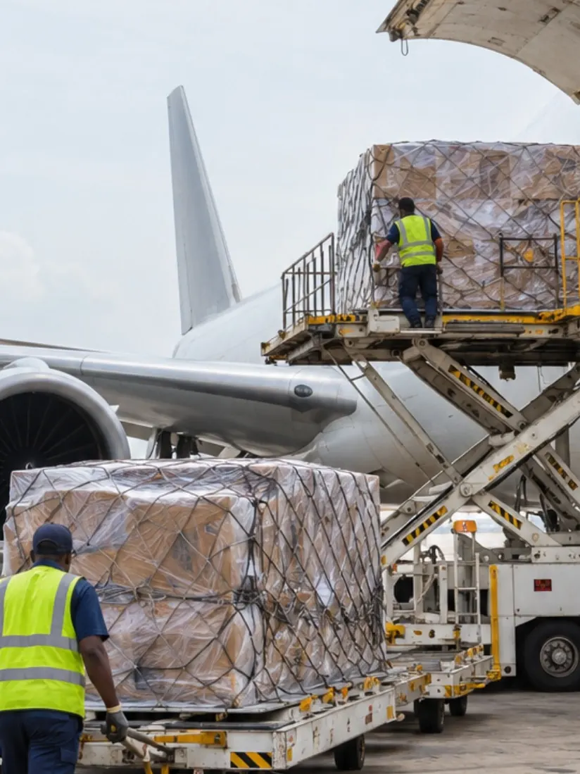 Cargo pallets being loaded into the hold of a freighter aircraft