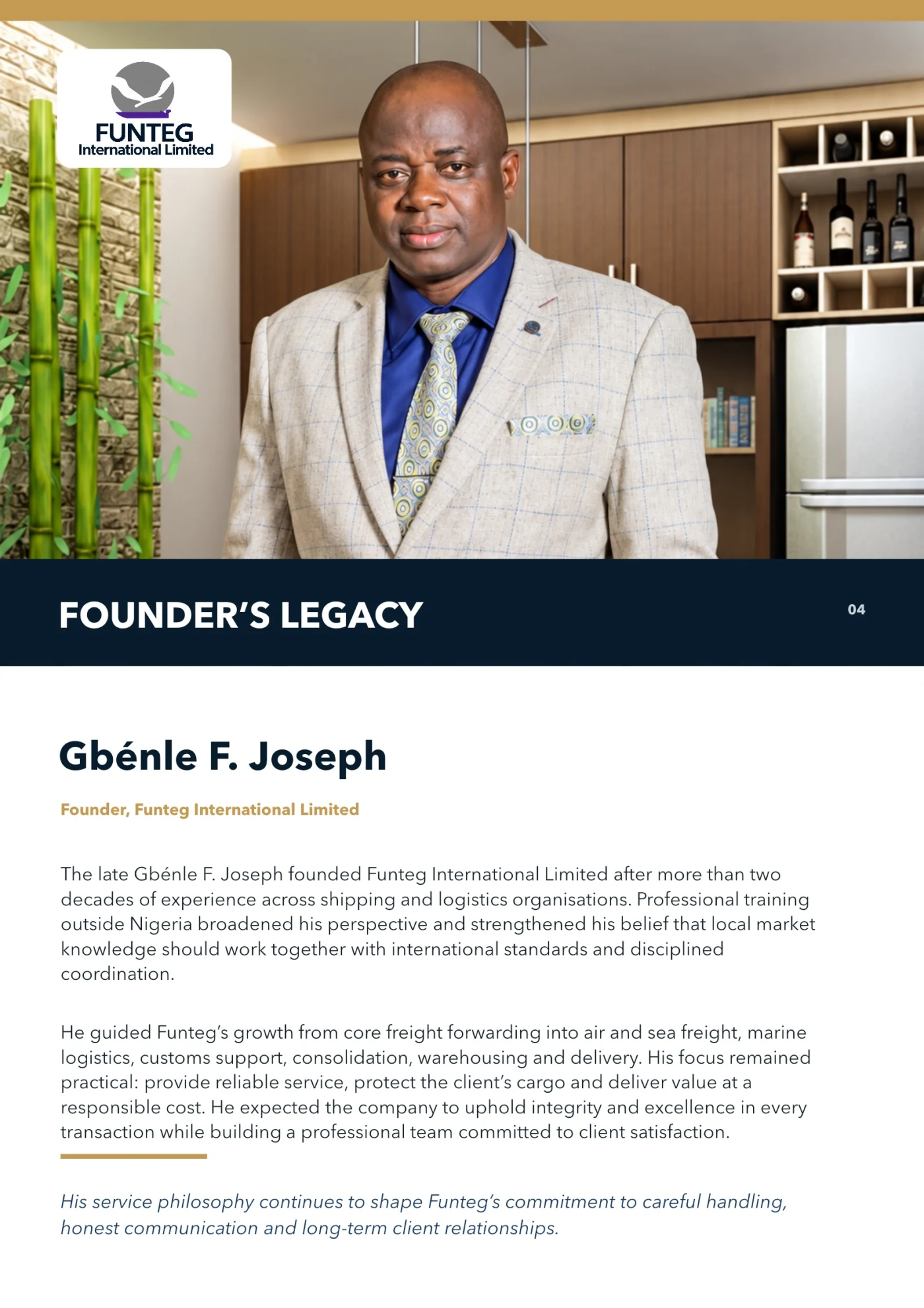 Company profile page 4: Founder's legacy